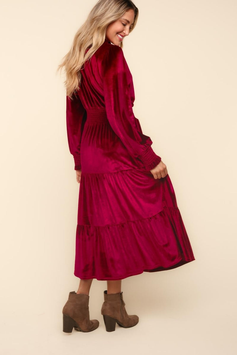 Estelle Mock Neck Smocked Waist Velvet Tiered Dress