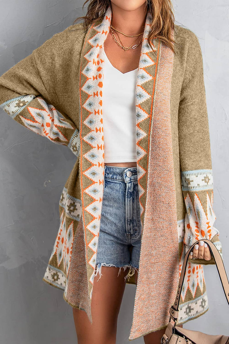 Autumn Geometric Open Front Long Sleeve Cardigan