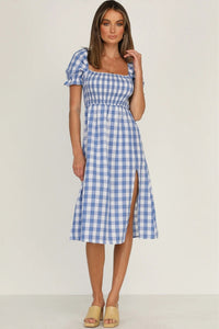 Lilyana Slit Plaid Short Sleeve Midi Dress