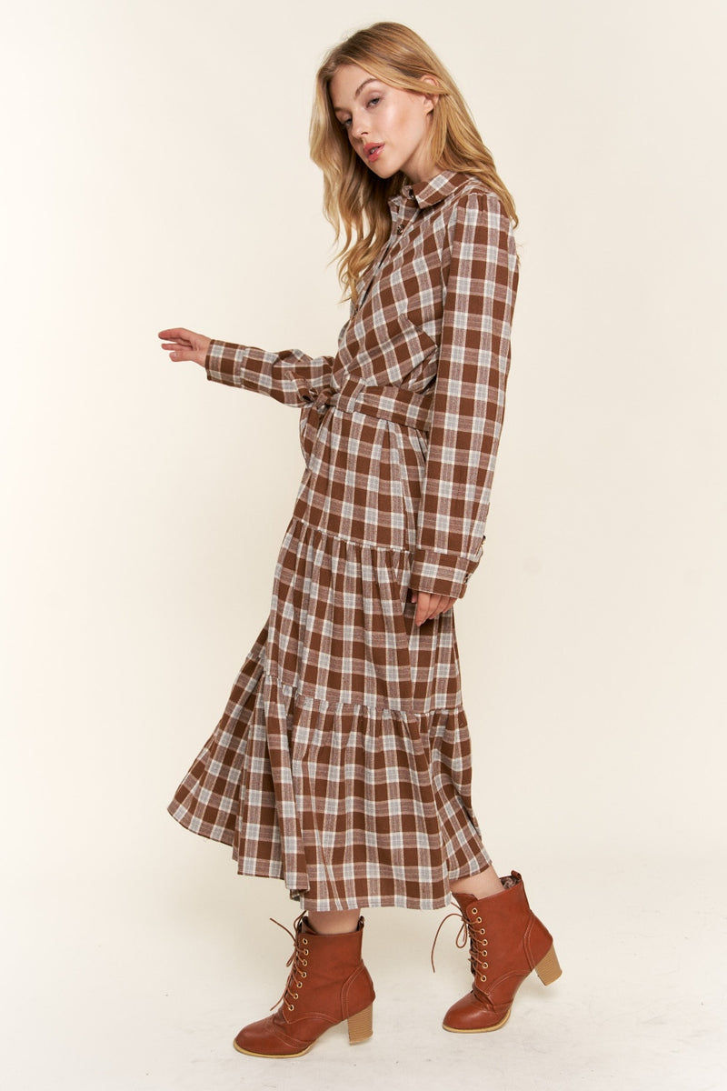 Sienna Plaid Tiered Midi Shirt Dress