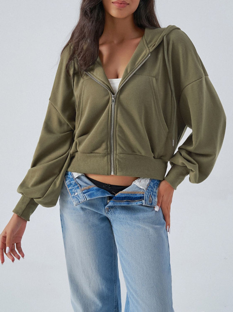 Lara Drawstring Zip Up Long Sleeve Hoodie