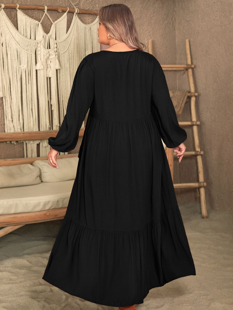 Alayah Plus Size Ruffled V-Neck Long Sleeve Dress