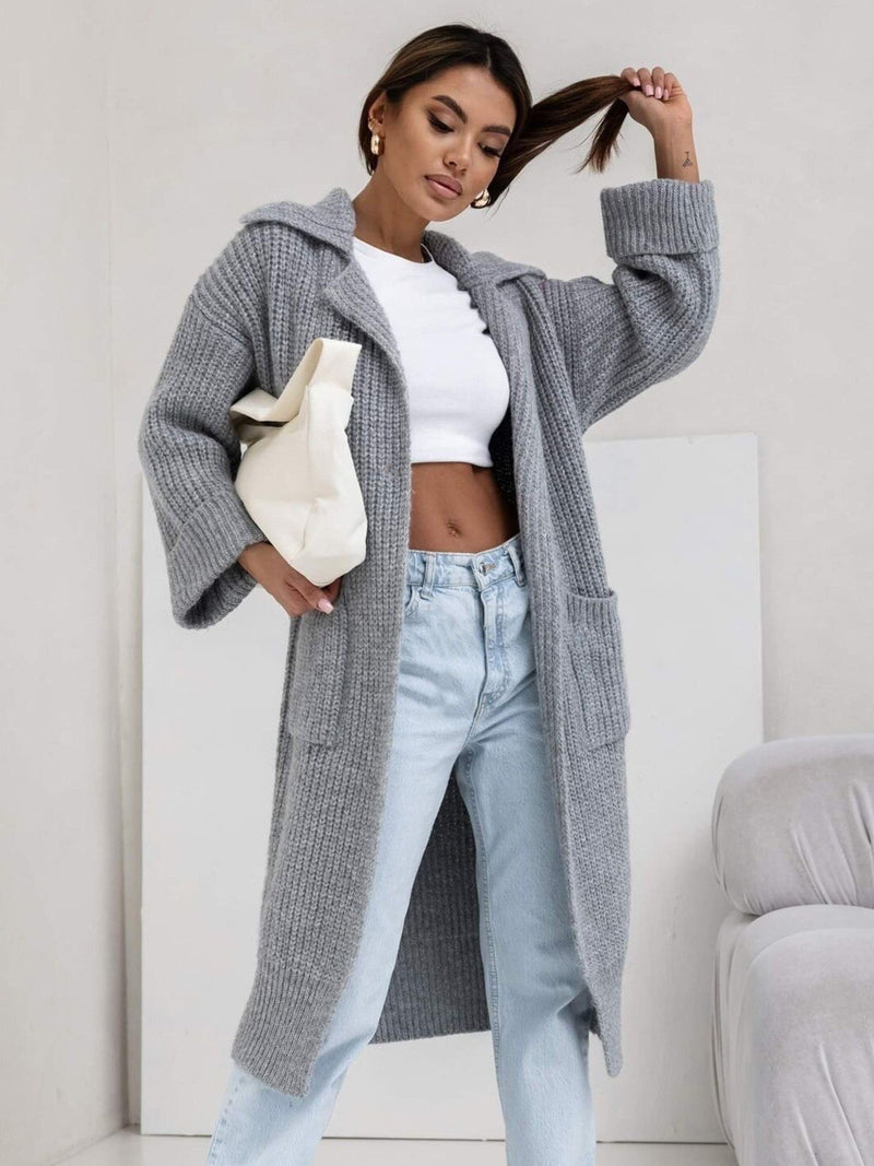 Arya Pocketed Collared Neck Dropped Shoulder Cardigan