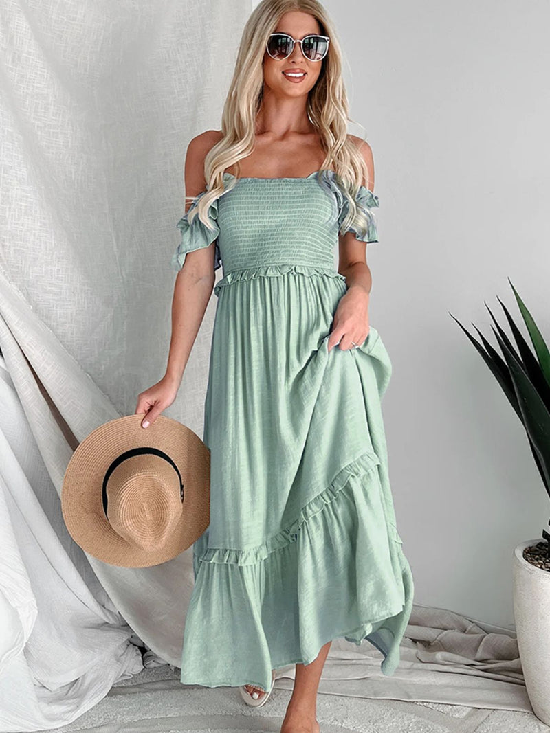 Anais Frill Smocked Off-Shoulder Ruffle Sleeve Dress