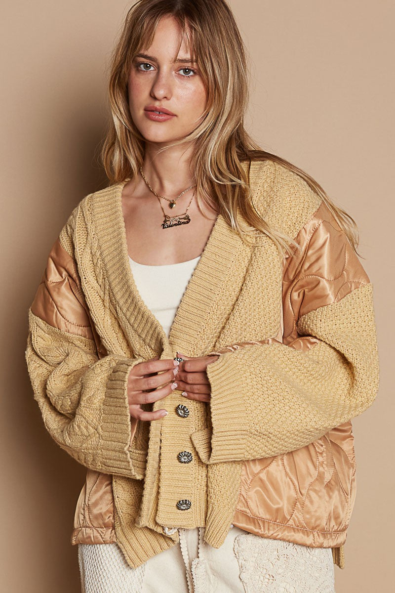 Royal Quilting Patch Button Up Cable Knit Jacket