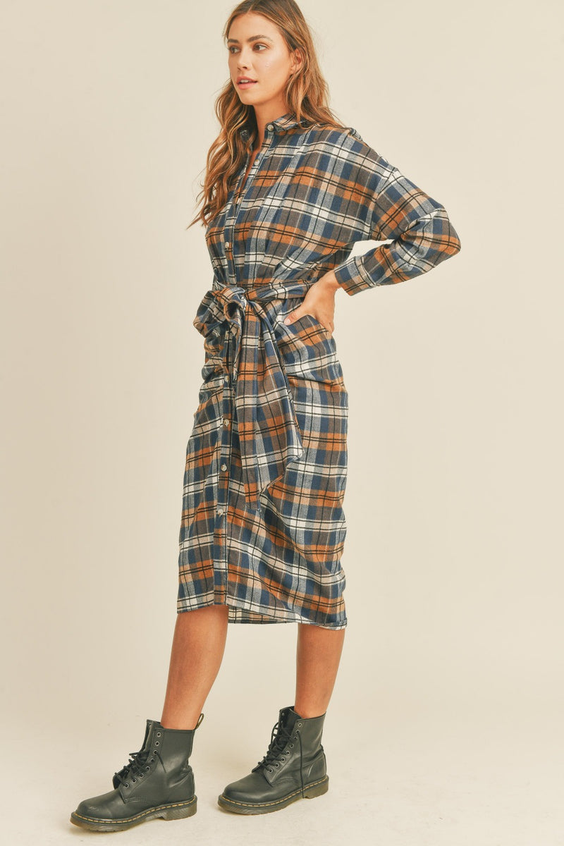 Lyric Plaid Flannel Front Tie Button Down Shirt Dress