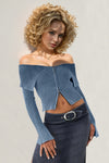 Skyler Ribbed Off-Shoulder Zip Up Long Sleeve Cardigan