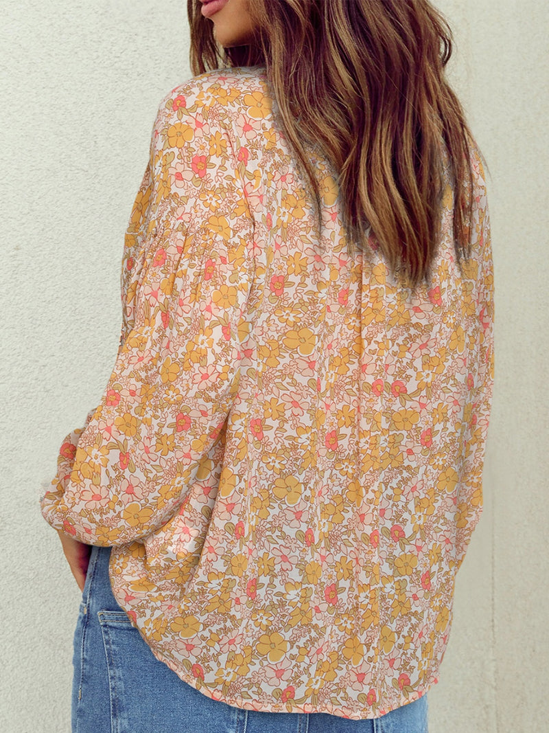 Poppy Printed Notched Balloon Sleeve Blouse