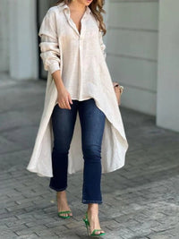 Sara High-Low Collared Neck Long Sleeve Shirt