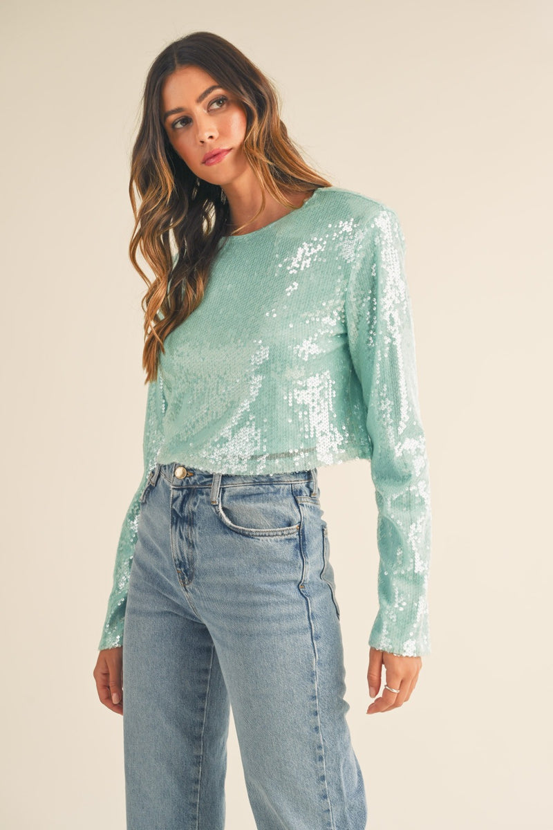 Zariah Shoulder Padded Sequin Crop Top