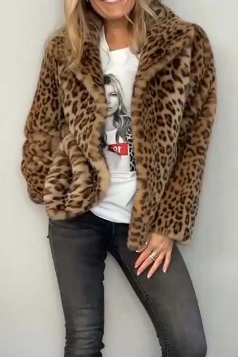 Nyomi Leopard Furry Collared Neck Long Sleeve Coat