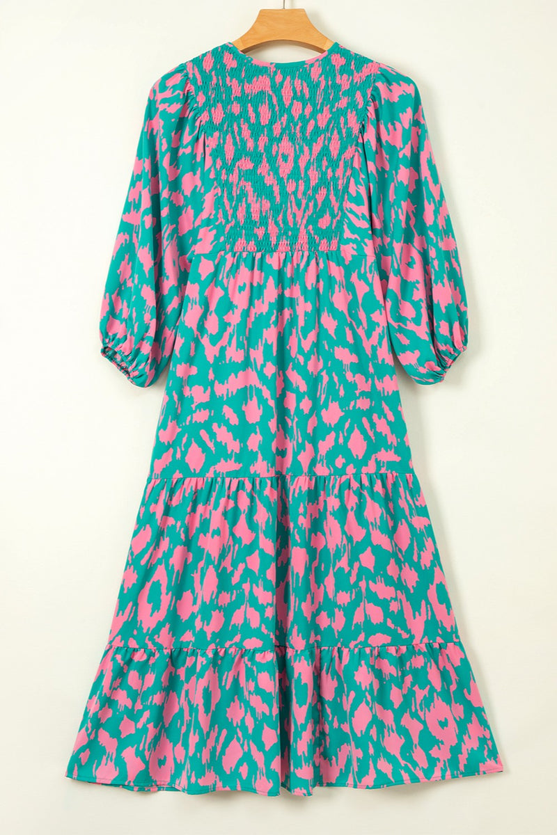 Malaysia Smocked Printed Tie Neck Long Sleeve Dress