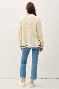 Louisa Contrast Trim Cable-Knit V-Neck Cardigan