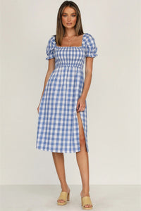 Lilyana Slit Plaid Short Sleeve Midi Dress