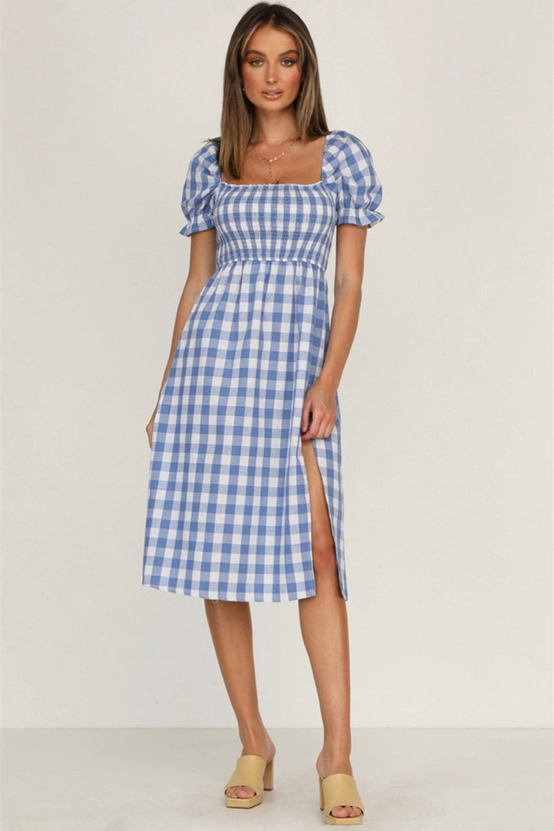 Lilyana Slit Plaid Short Sleeve Midi Dress