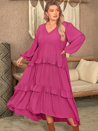 Alayah Plus Size Ruffled V-Neck Long Sleeve Dress