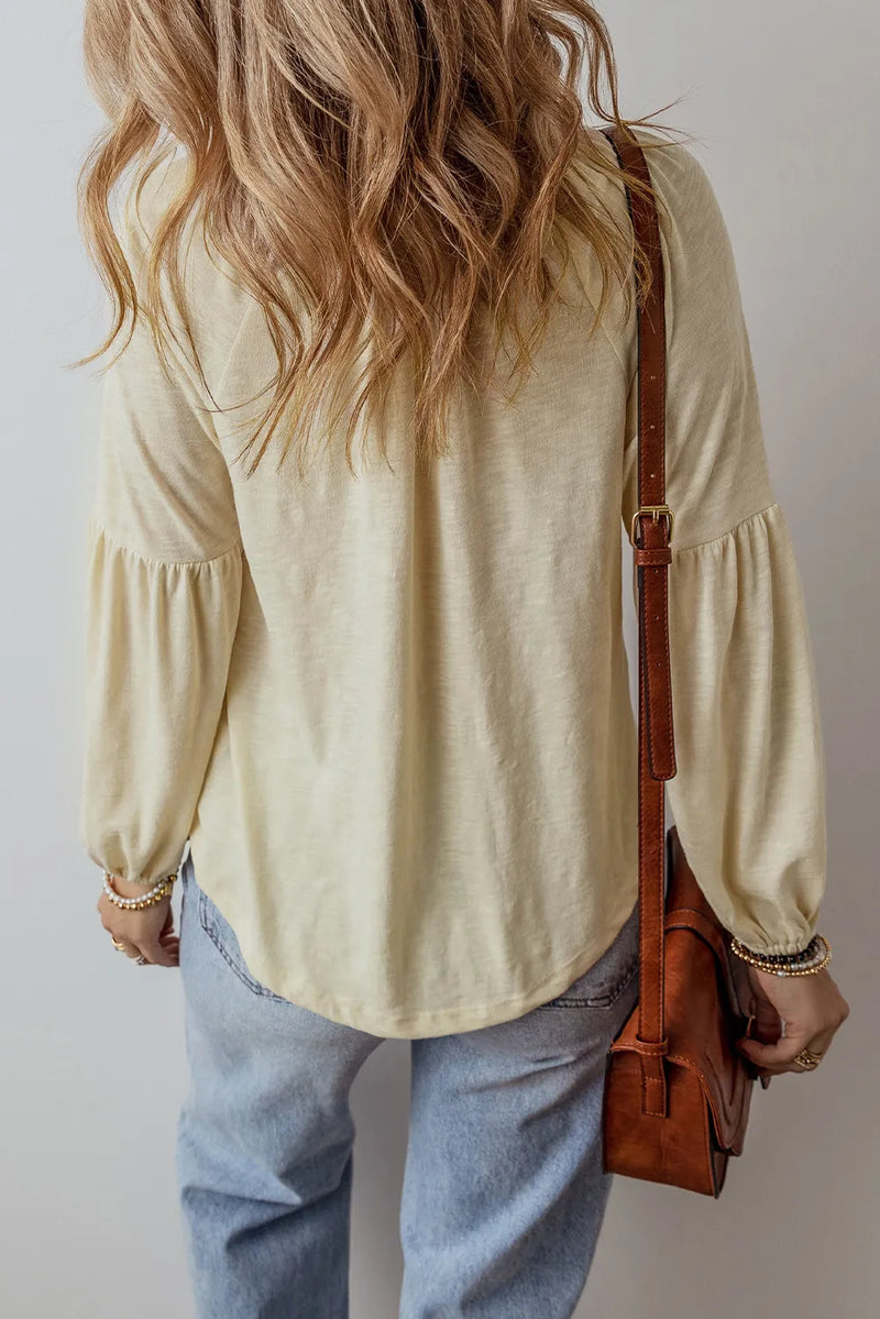 Catherine Embroidered Notched Long Sleeve Blouse