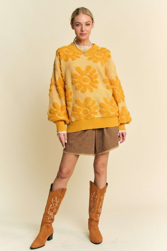 Stella Flower Texture Round Neck Dropped Shoulder Sweater