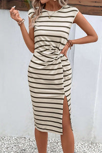 Aylin Slit Striped Cap Sleeve Dress