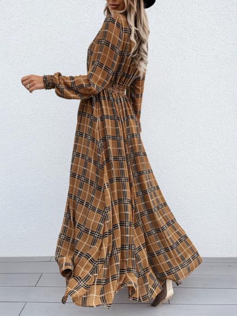 Kira Slit Plaid Tie Neck Long Sleeve Maxi Dress