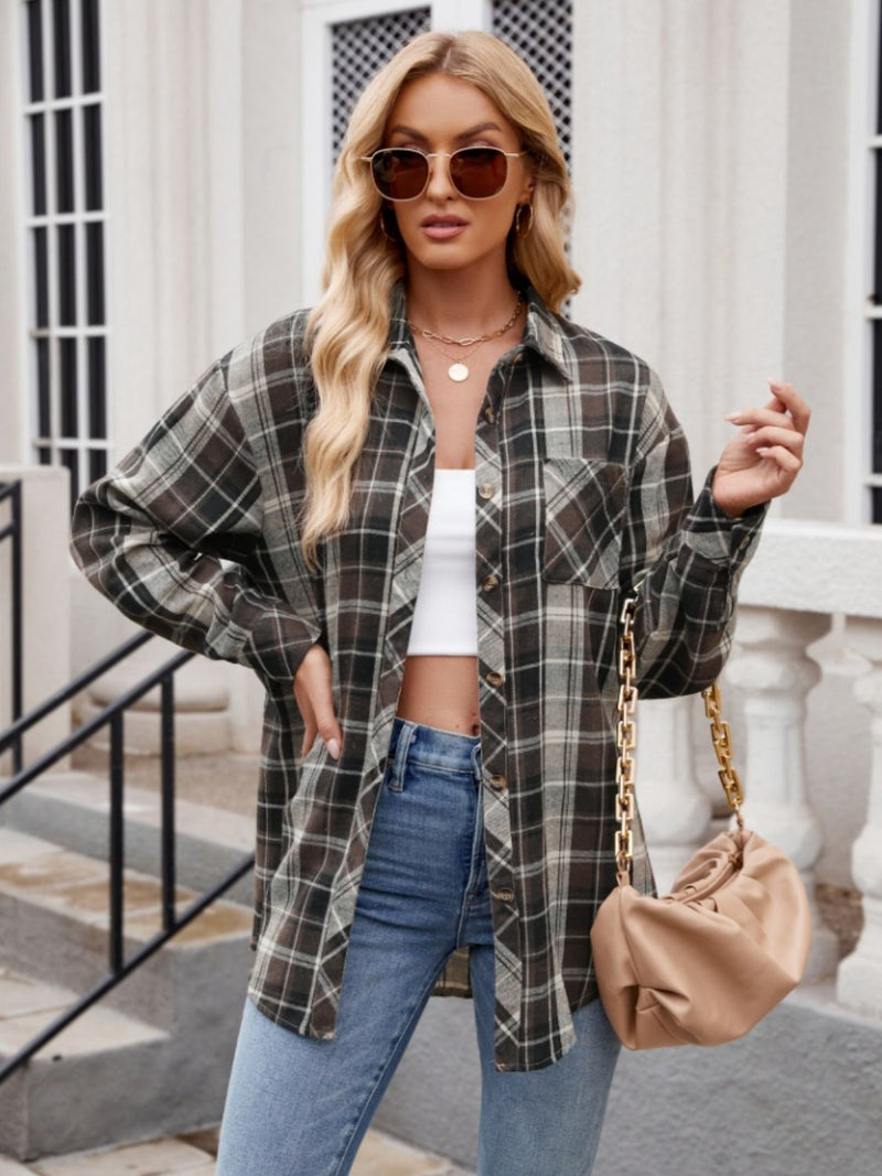 Juniper Pocketed Plaid Collared Neck Long Sleeve Shirt