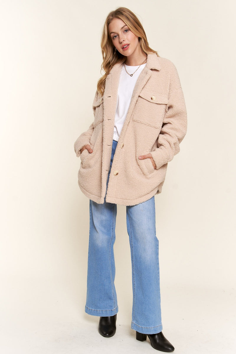 Mavis Teddy Sherpa Button Down Curved Hem Shacket