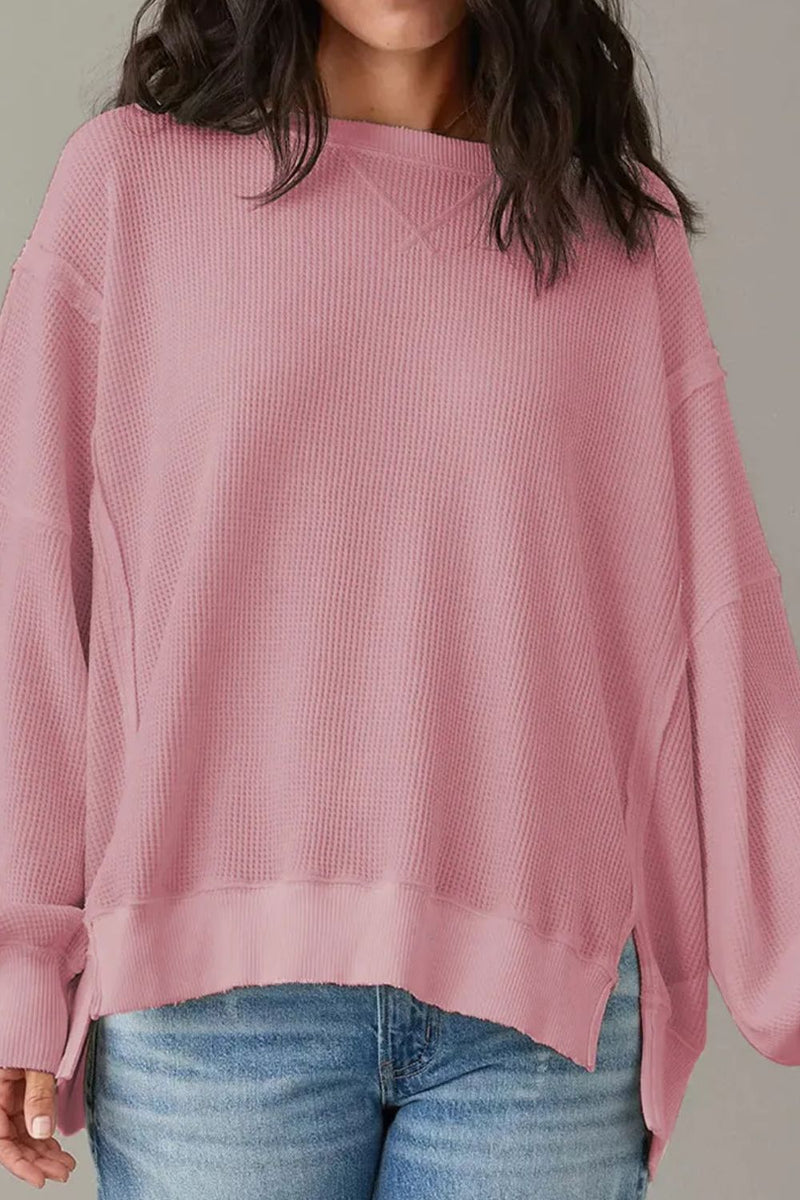 Karsyn Slit Waffle-Knit Round Neck Long Sleeve Top