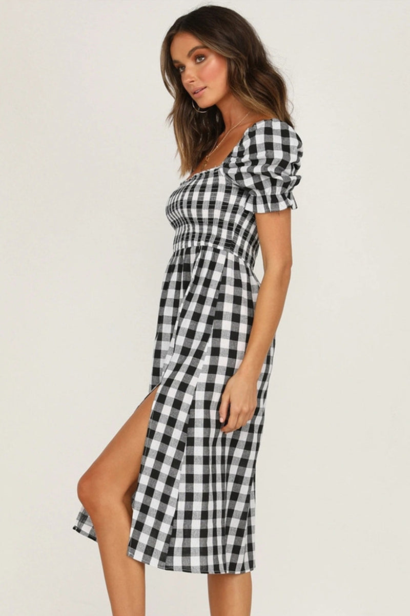 Lilyana Slit Plaid Short Sleeve Midi Dress