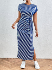 Salma Tied Striped Round Neck Short Sleeve Tee Dress