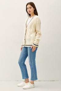 Louisa Contrast Trim Cable-Knit V-Neck Cardigan