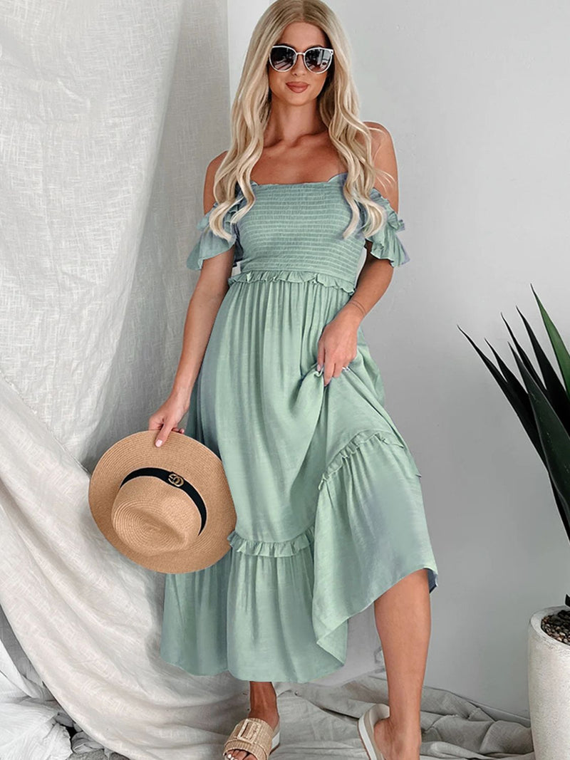 Anais Frill Smocked Off-Shoulder Ruffle Sleeve Dress