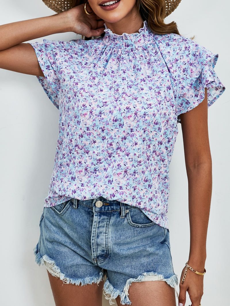 Journey Ditsy Floral Mock Neck Flounce Sleeve Blouse