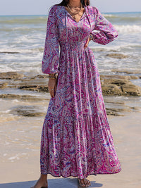 Michaela Printed Tie Neck Balloon Sleeve Maxi Dress