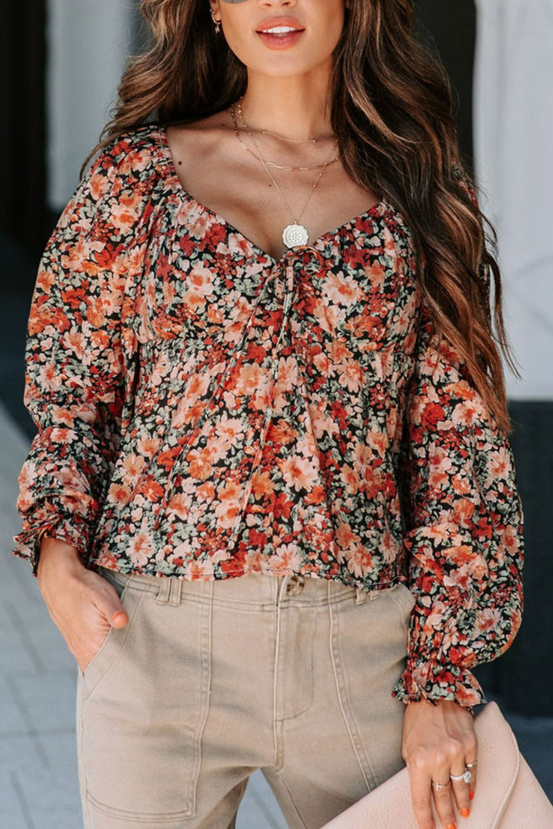 Melody Peplum Tied Flora Long Sleeve Blouse