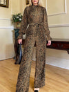 Sky Leopard Flounce Sleeve Wide Leg Jumpsuit