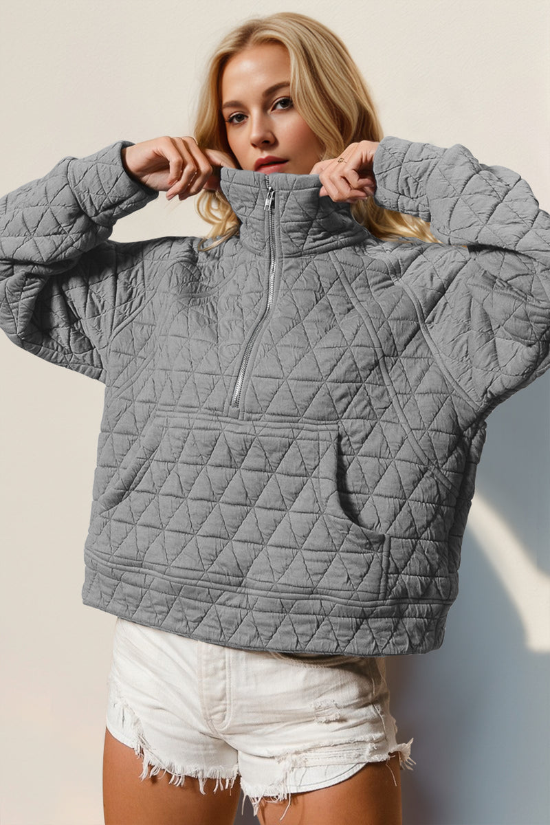 Karina Half Zip Long Sleeve Quilted Sweatshirt with Pocket