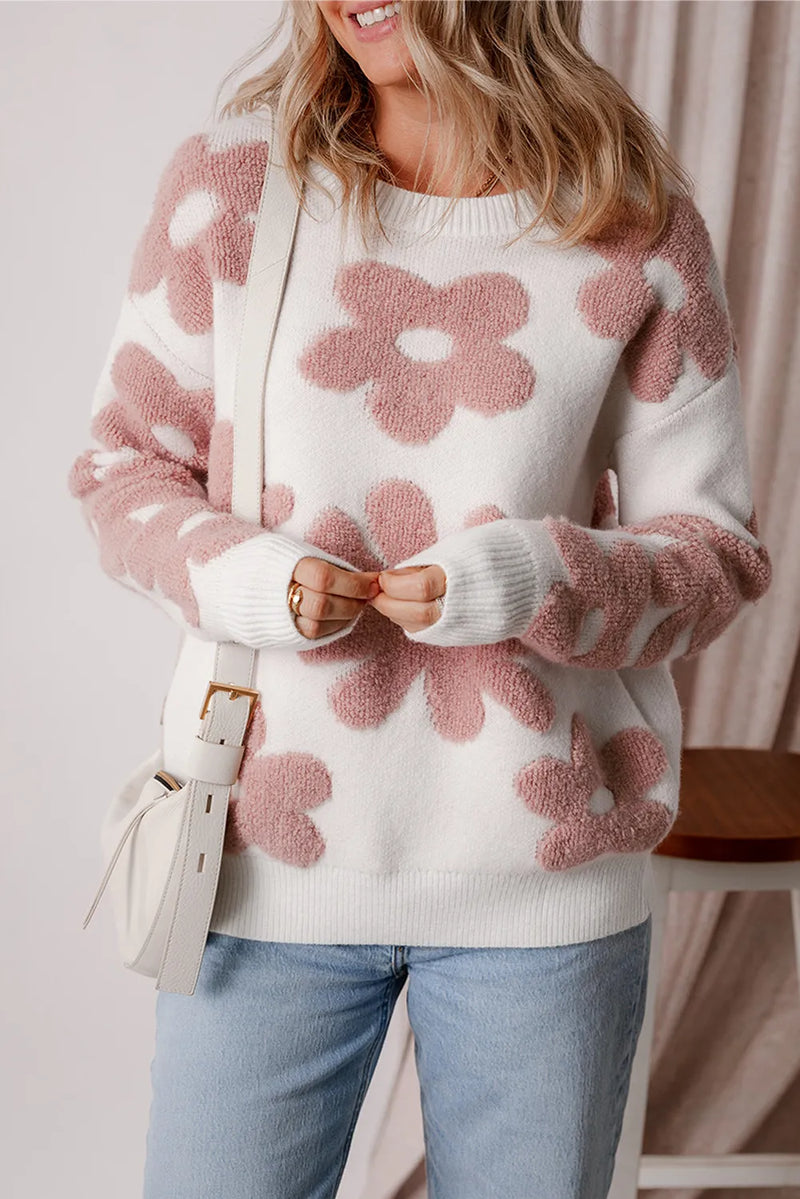 Sophie Flower Round Neck Long Sleeve Knit Top