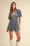 Elaine Jewel Bow Decor Puff Sleeve Velvet Romper