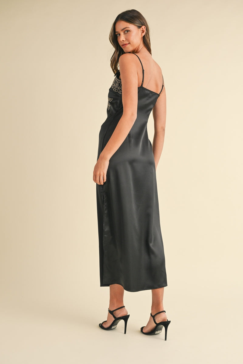 Ariah Embroidered Cami Satin Midi Slit Dress