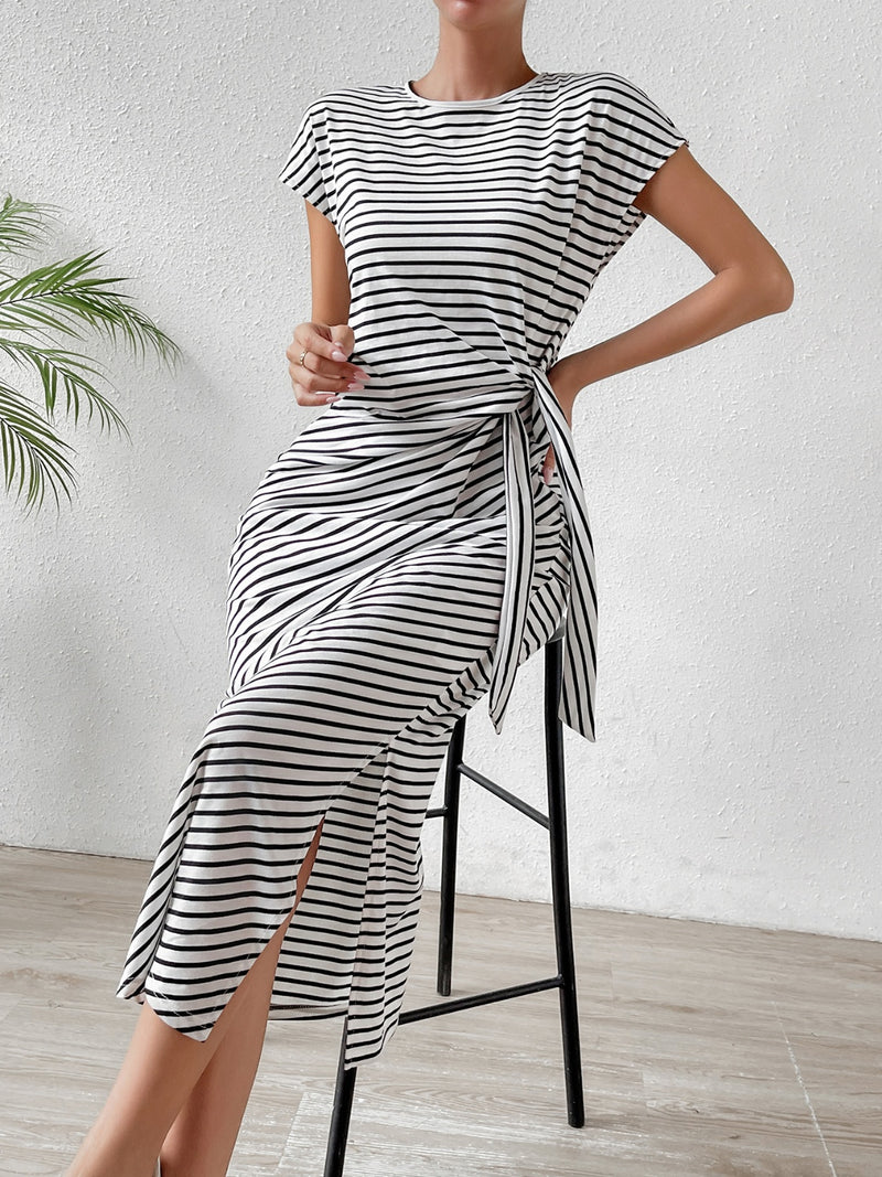 Salma Tied Striped Round Neck Short Sleeve Tee Dress