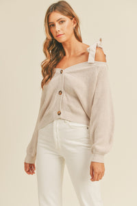 Oaklee Off Shoulder Self Tie Strap Button Down Sweater