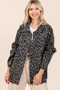 Aliyah Leopard Button Up Denim Shacket with Breast Pockets