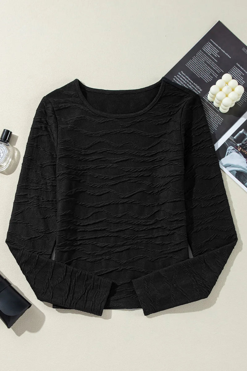 Gracie Textured Round Neck Long Sleeve Blouse