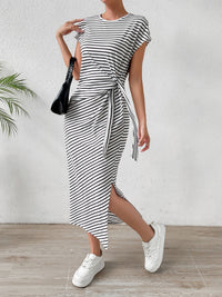 Salma Tied Striped Round Neck Short Sleeve Tee Dress