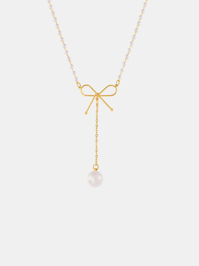 Kamilah Stainless Steel Bow Pendant Necklace with Pearls