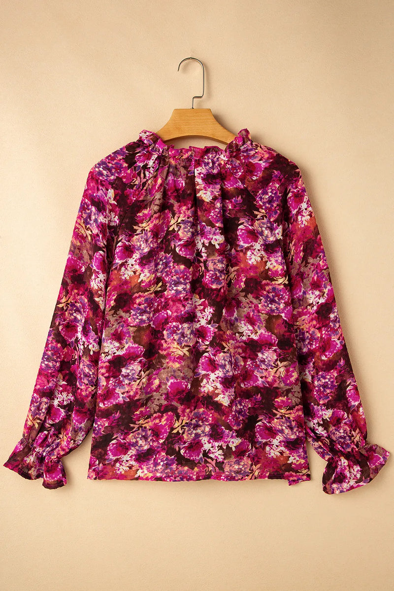 Michelle Printed Tie Neck Flounce Sleeve Blouse