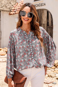 Poppy Printed Notched Balloon Sleeve Blouse