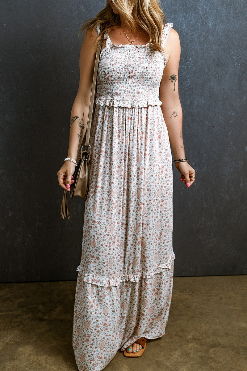 Nala Ruffled Smocked Printed Sleeveless Maxi Dress