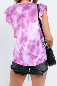 Emberly Ruffled Printed Round Neck Cap Sleeve T-Shirt