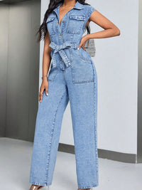 Raya Tied Half Button Denim Jumpsuit with Pockets